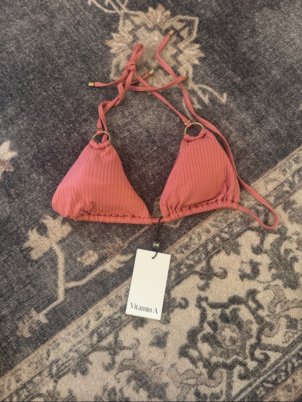 Vitamin A Dusty Rose Ribbed Triangle Swim Top with Gold Rings